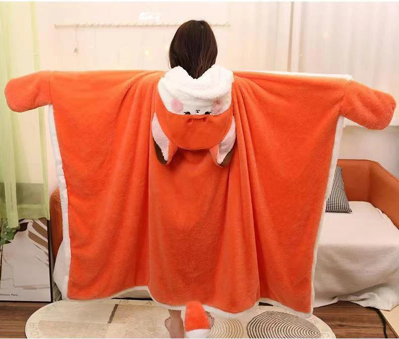 Winter Cartoon Fox Wearable Blanket Cloak — Cozy Shawl Nap Blanket