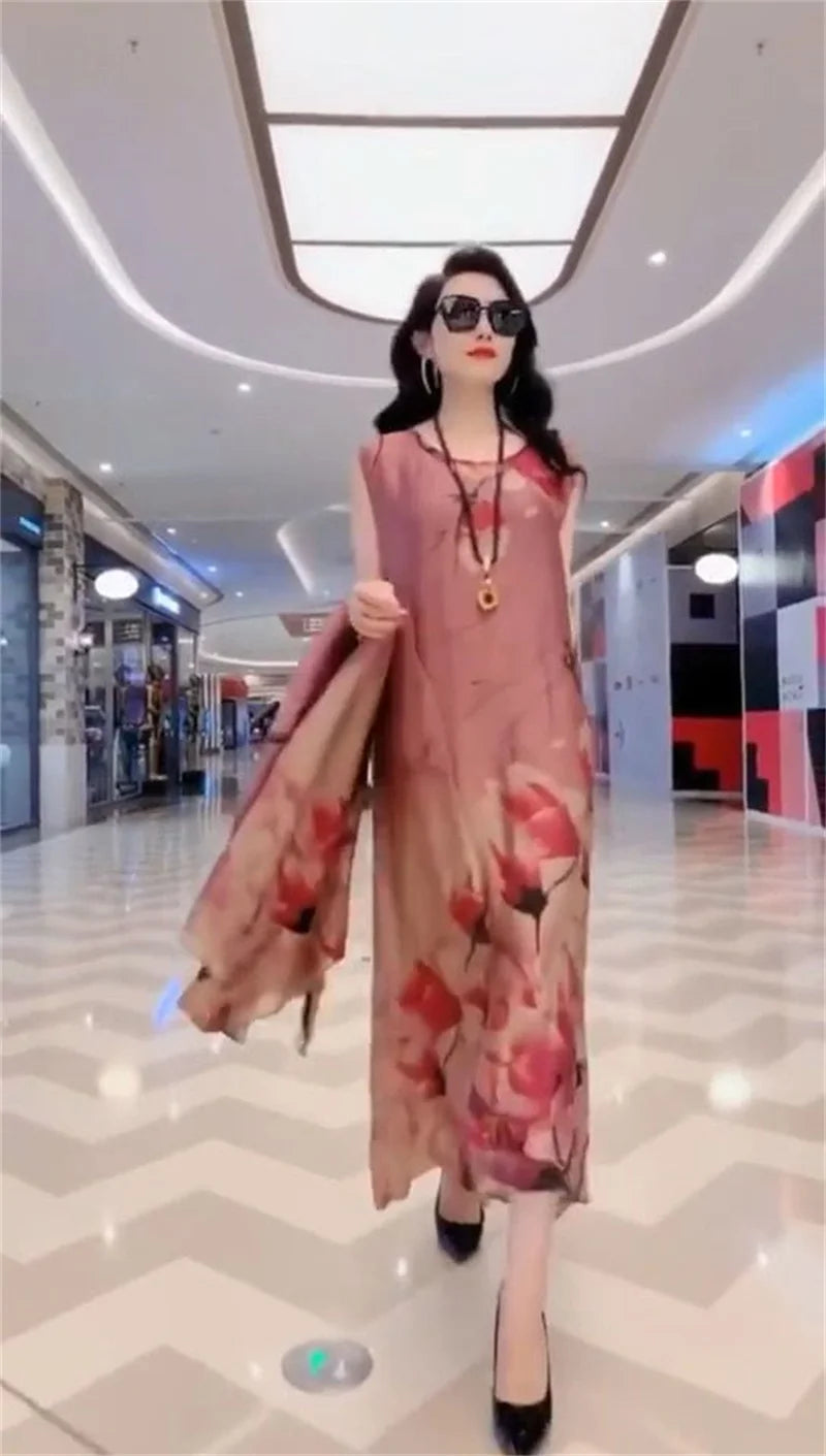 Elegant Printed Chiffon Dress Two-Piece Set