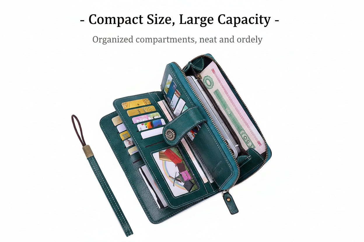 RFID anti-theft brush Retro large capacity long wallet Multi-card women's wallet Multi-function zipper wallet with wrist strap