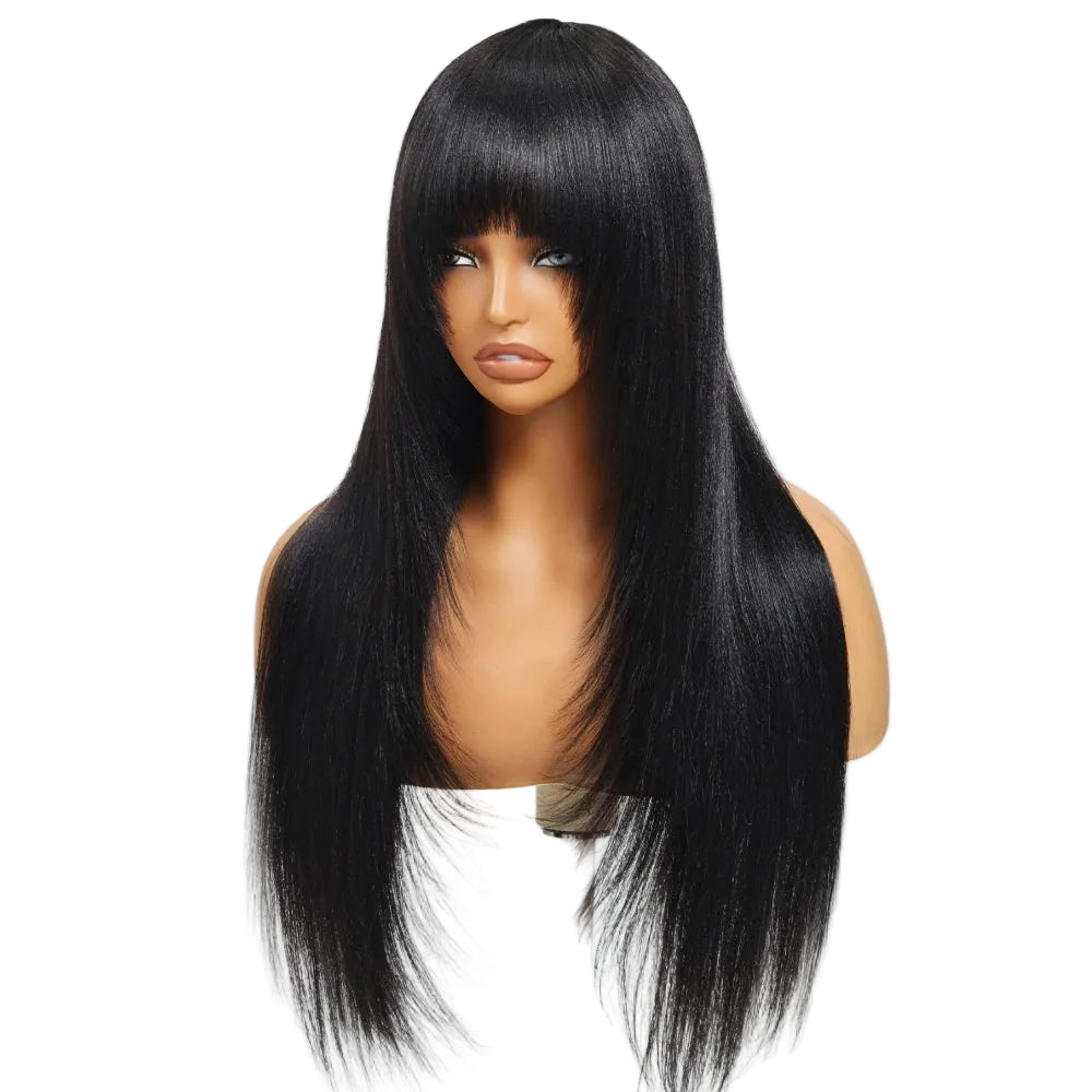 Layered Cut Yaki Straight Wig With Bangs 100% Human Hair Full Machine Made Wig 150% Density
