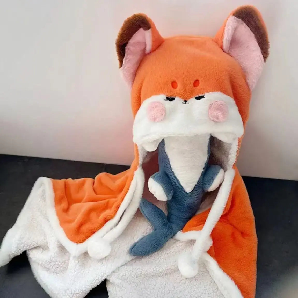Winter Cartoon Fox Wearable Blanket Cloak — Cozy Shawl Nap Blanket