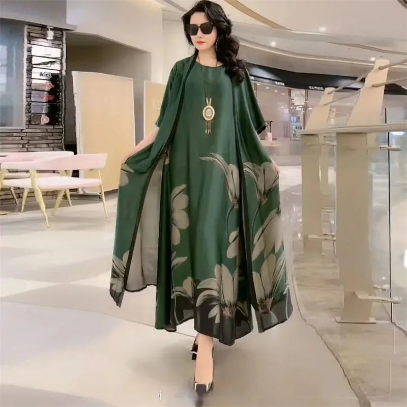 Elegant Printed Chiffon Dress Two-Piece Set