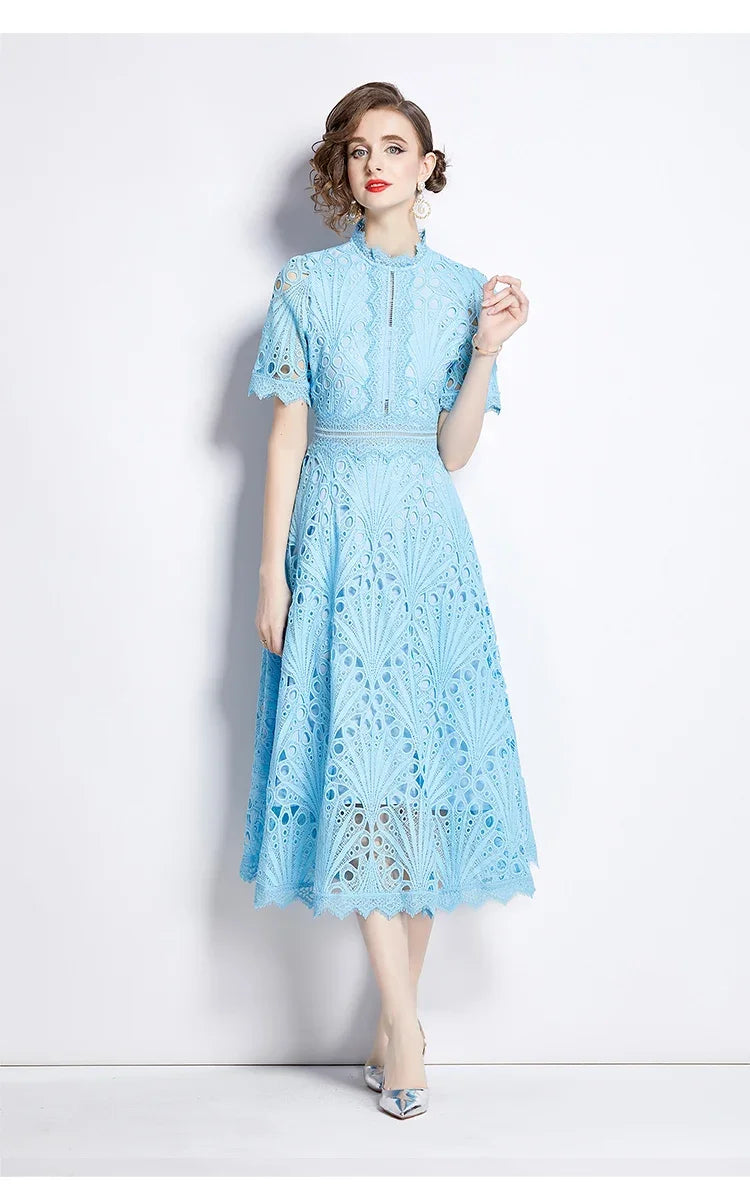 Women's Vintage High-End Lace Hollow-Out Long Dress — Slim Elegant Summer Gown