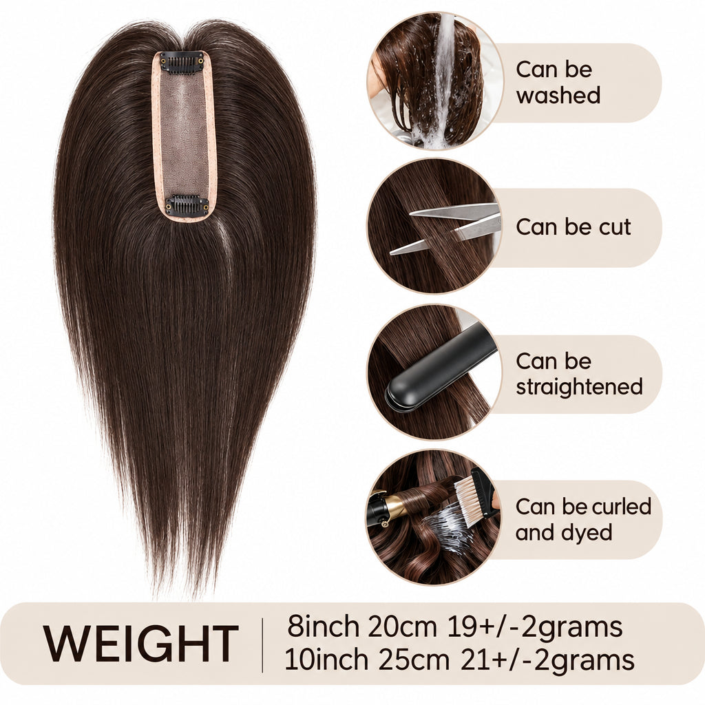 Women's Straight Human Hair Topper — 4 × 13 cm Mono & PU Base
