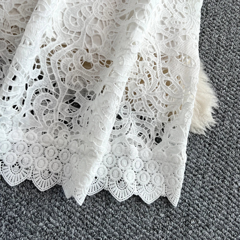 Women's French Style Hollow-Out Lace Dress — Waist-Cinched Short Sleeve A-Line