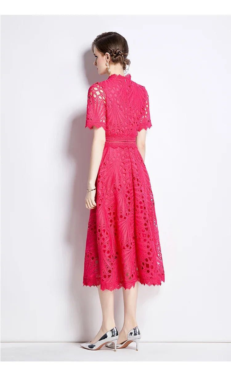 Women's Vintage High-End Lace Hollow-Out Long Dress — Slim Elegant Summer Gown