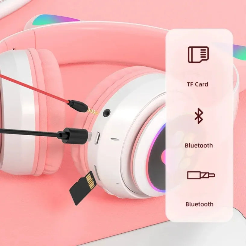 Cat Ears Bluetooth Headphones for Kids – Wireless LED Flash, Mic & TF Card Support