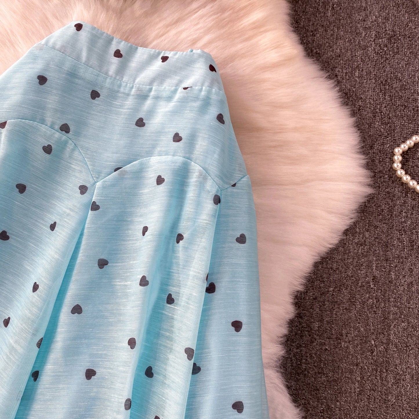 Women's French Style Sweet Chiffon Two-Piece Set — Heart Print Shirt & Flared Skirt