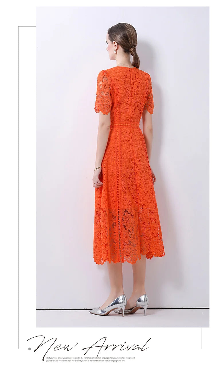 Women's Vintage High-End Lace Hollow-Out Long Dress — Slim Elegant Summer Gown