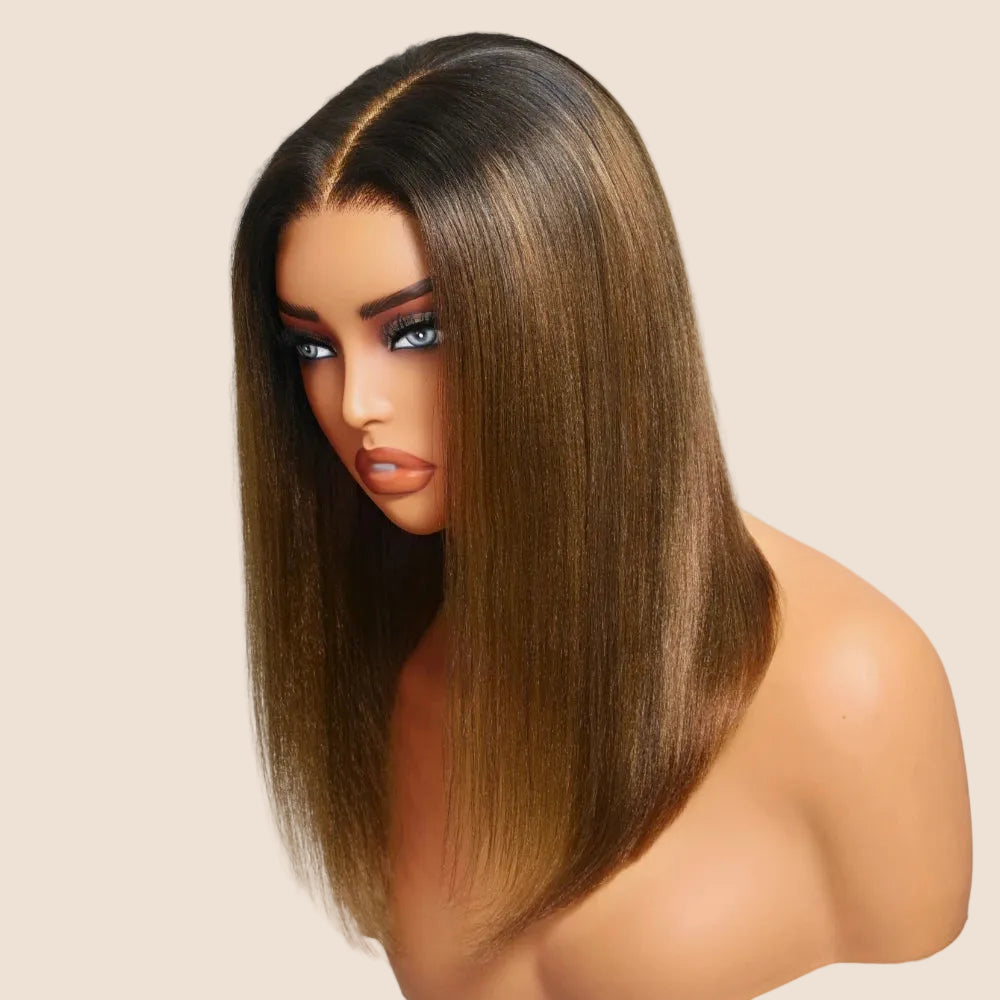 Chestnut Brown Ombre Yaki Straight Bob Wig | 7x5 & 13x4 Glueless Lace | 100% Human Hair
