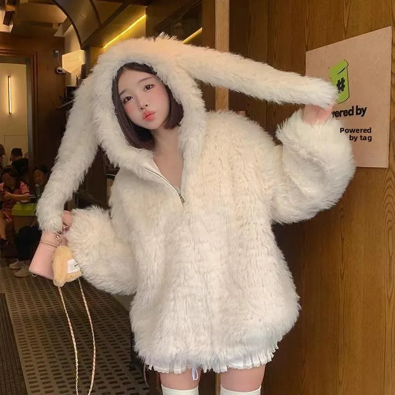 Cute Rabbit Ear Plush Jacket — Women's Sweet Loose Hoodie Outerwear