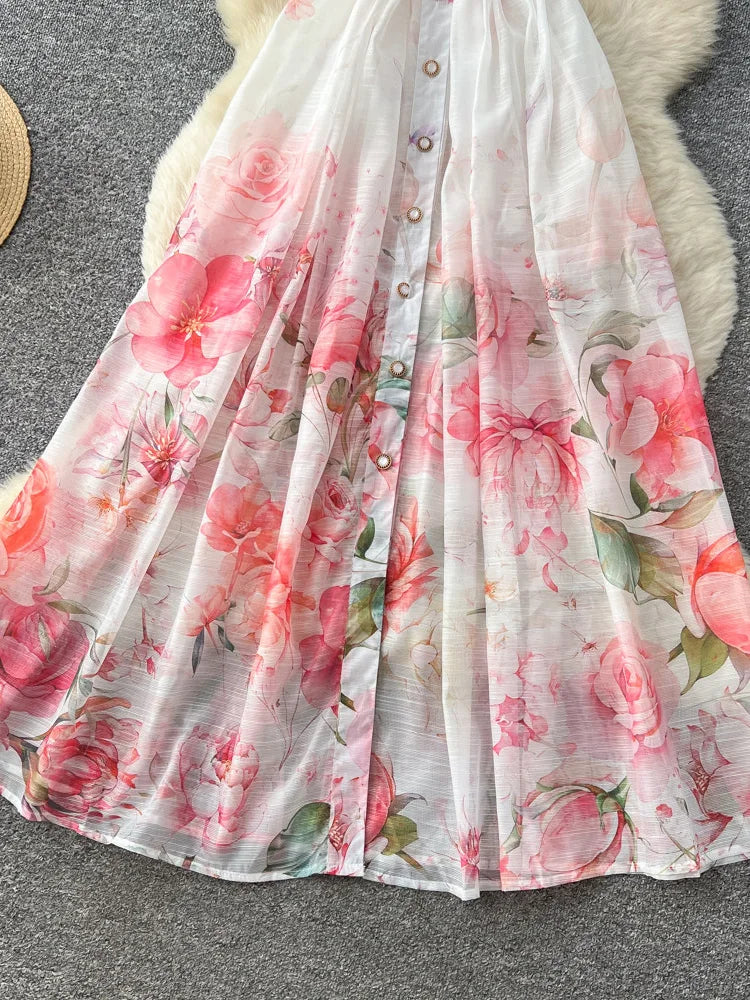 Women's French Countryside Chiffon Printed Dress — Raglan Sleeve A-Line