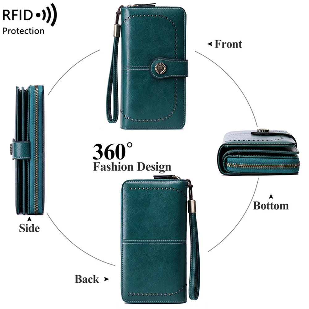 RFID anti-theft brush Retro large capacity long wallet Multi-card women's wallet Multi-function zipper wallet with wrist strap