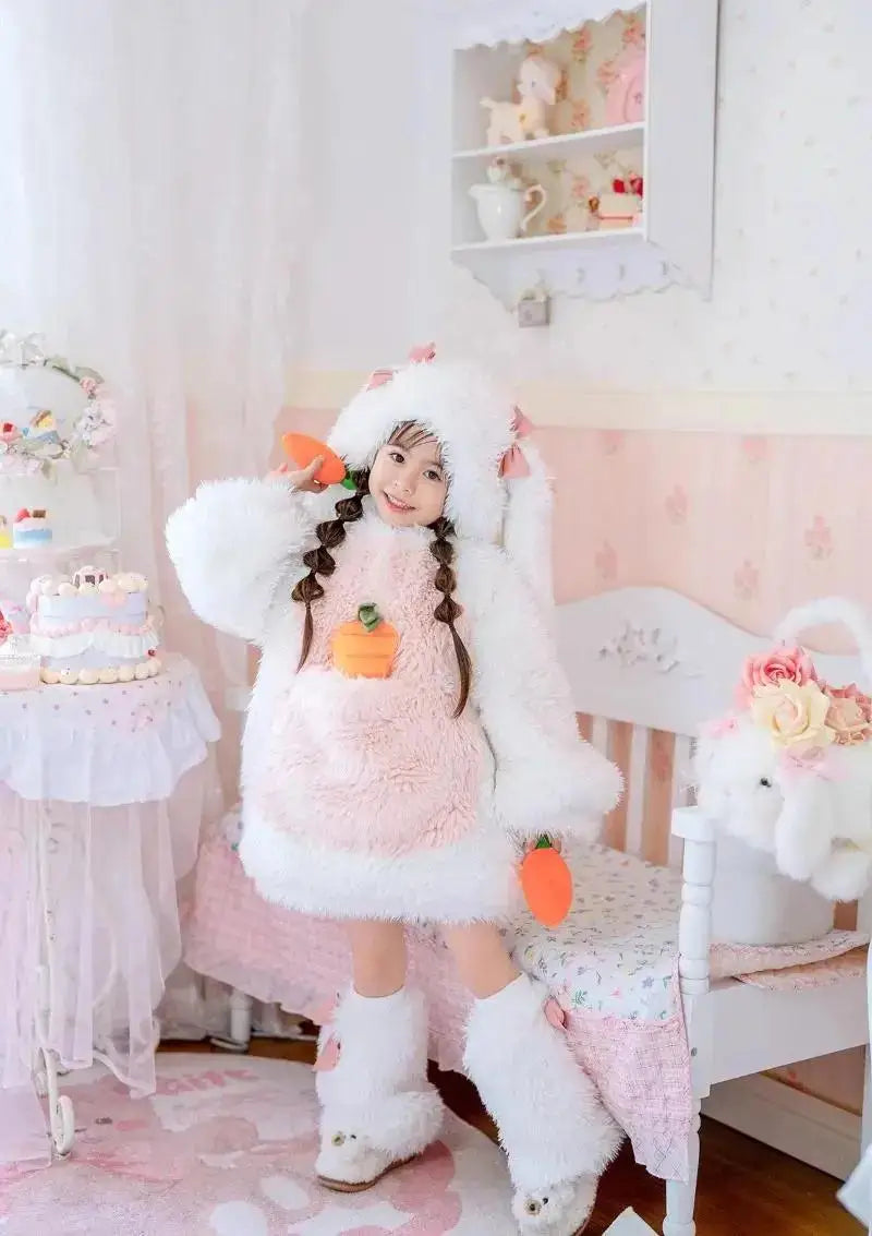 Cartoon Children Plush Rabbit Cosplay Costume Kawaii Kids Winter Warm Sets Top Pants Hat Suit Girl Halloween Party Outfits Gift