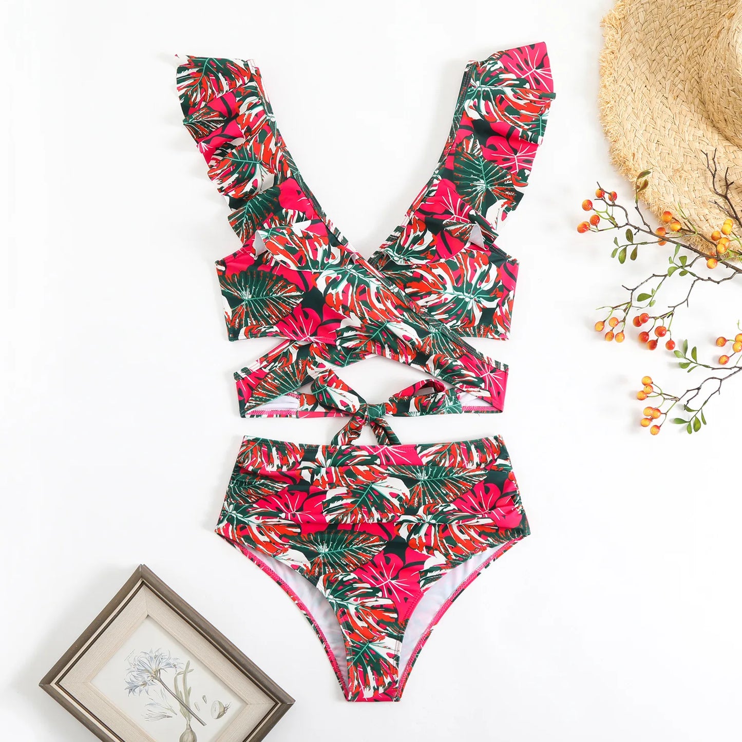 Women's Floral Print Two-Piece Bikini Set — High Waist Sexy Ruffled Swimsuit