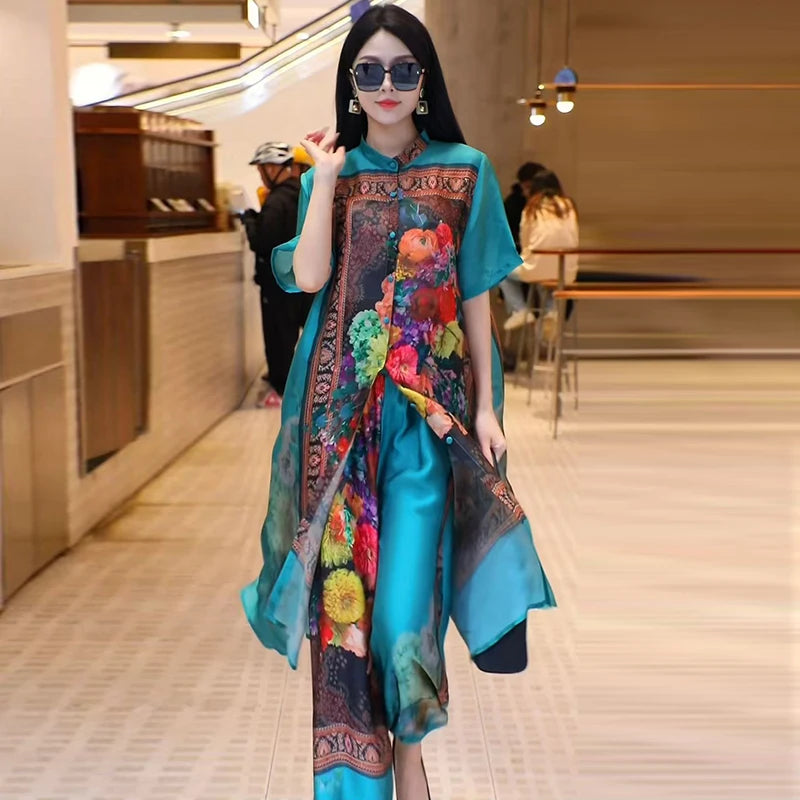 Retro Large Size Floral Print Open Cardigan & Wide Leg Pants Two-Piece Set for Women