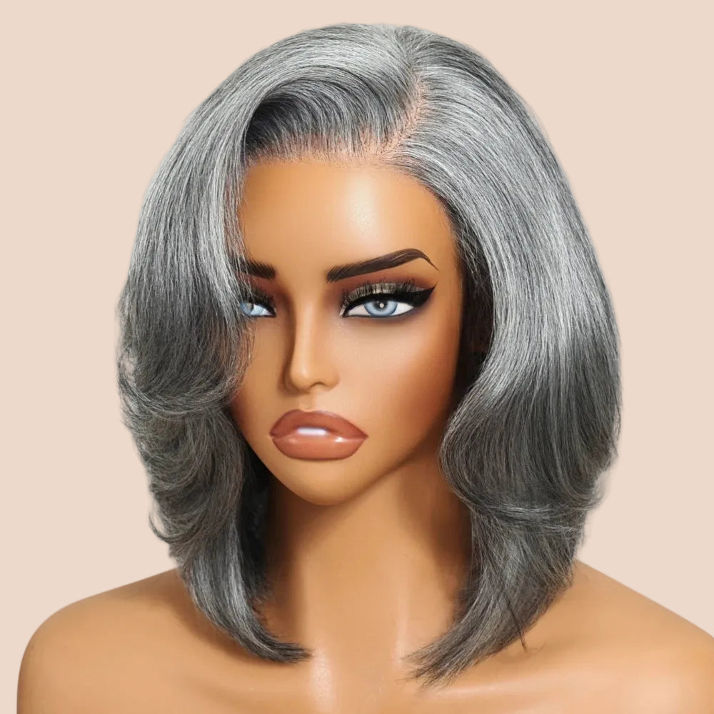 Hair Layered Blowout Salt & Pepper Glueless Human Hair Wig Pre Cut 6.5x1.5 Lace Short Bob Side Part Grey Wig 150% Density
