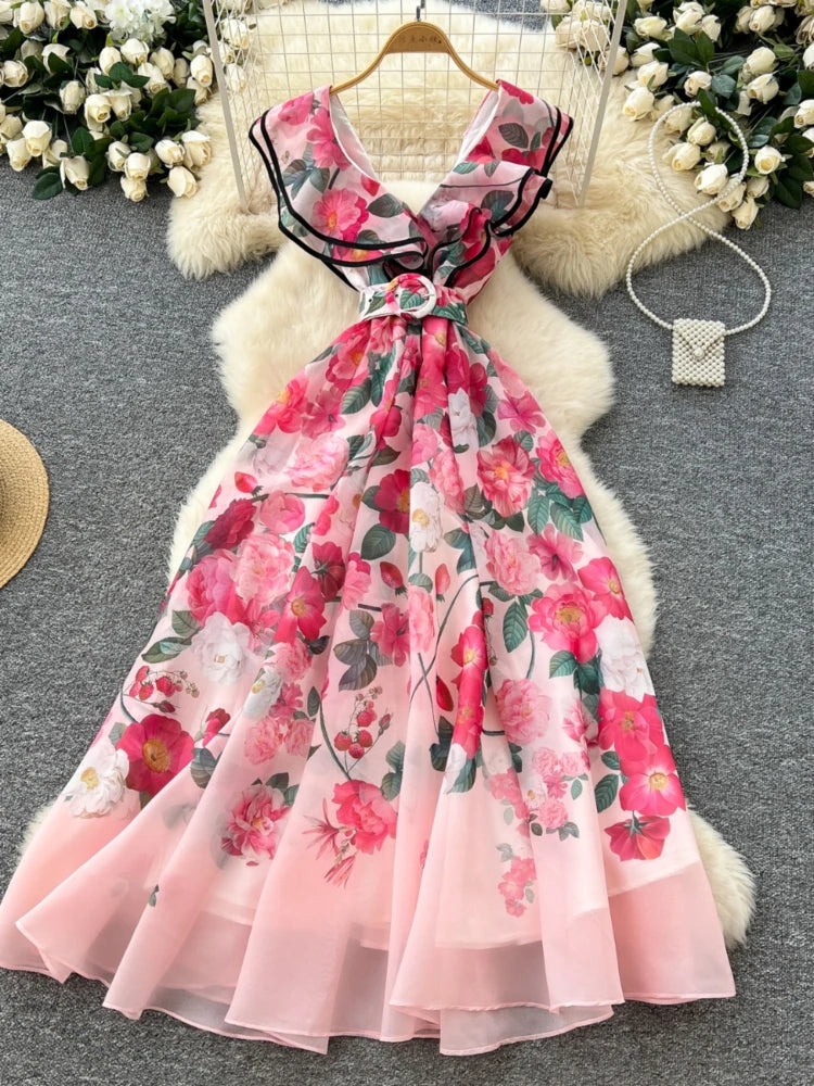 Women's French Elegant Sleeveless V-Neck Printed Dress — Ruffled A-Line Beach Boho