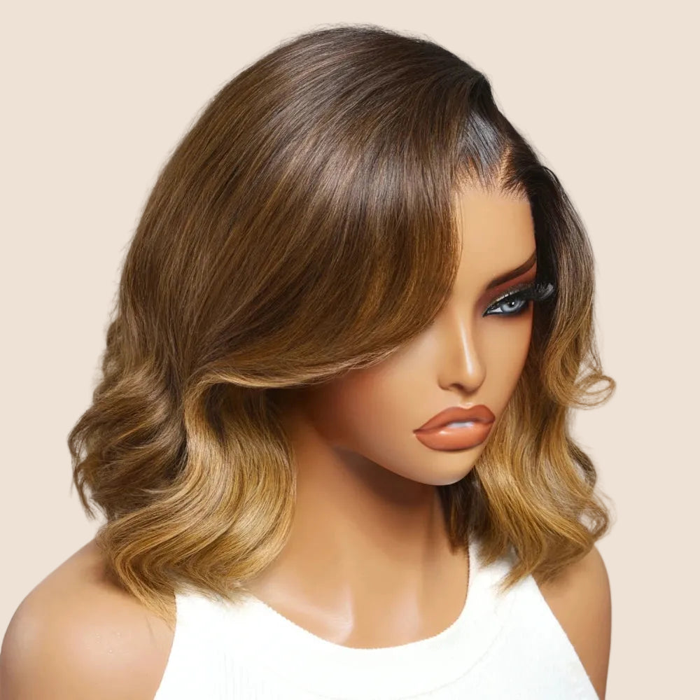 UNice 7x5 & 13x4 Lace Bye-Bye Slip™ Braun mit honigblonden Strähnen für das Gesicht, gewellte Bob-Perücke, 100 % Echthaar, kleberlose Perücke