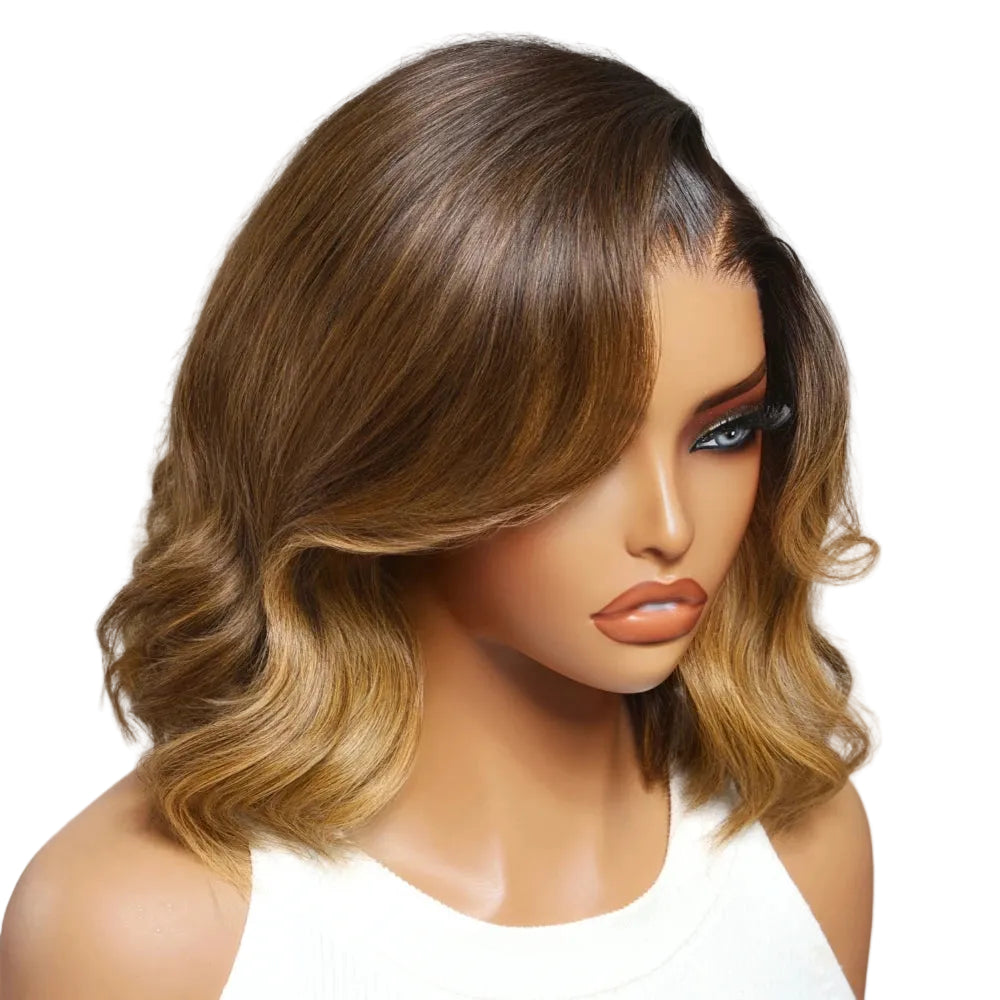 Brown With Blonde Highlights Wavy Bob Wig | Face-Framing Layers Side Part 7x5 & 13x4 Lace Glueless Human Hair