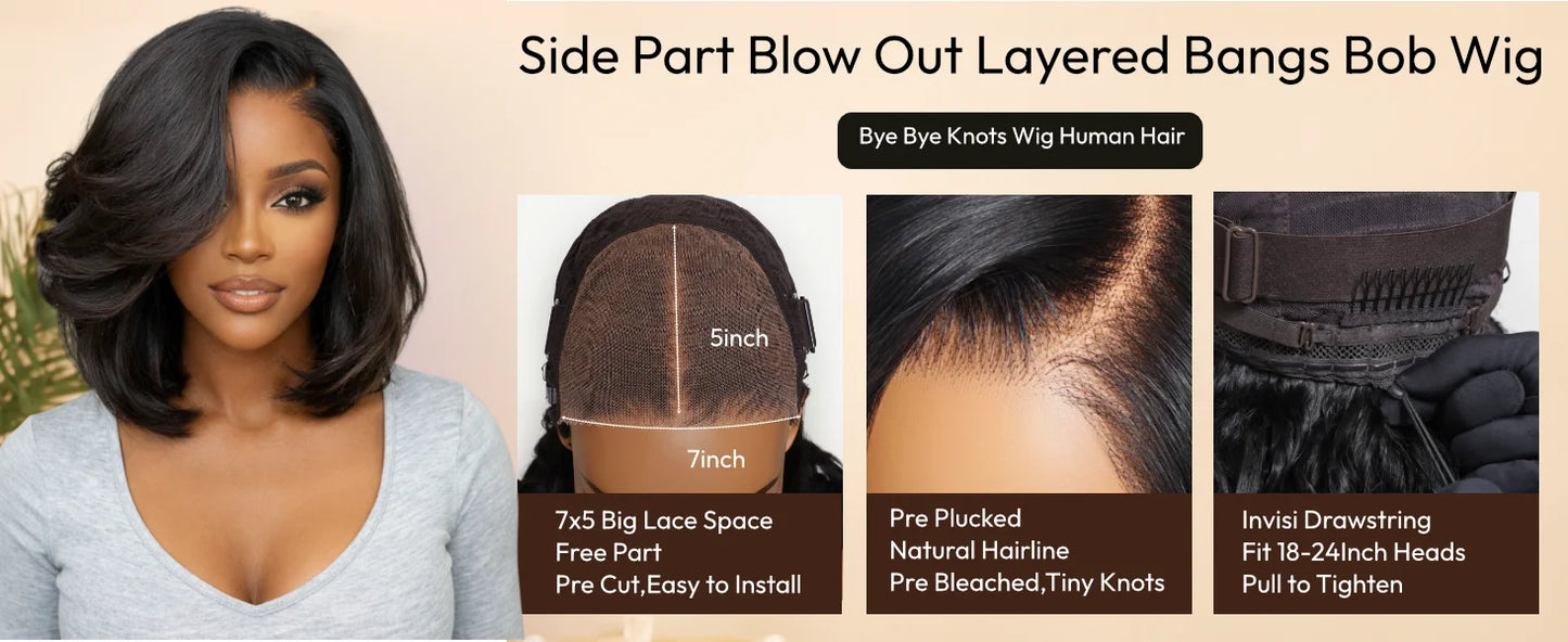 Our Bye-Bye Knots 7x5 Lace Side Part Layered Bob Wig With Side-Swept Bangs 150% Density Drawstring Glueless Human Hair Wigs