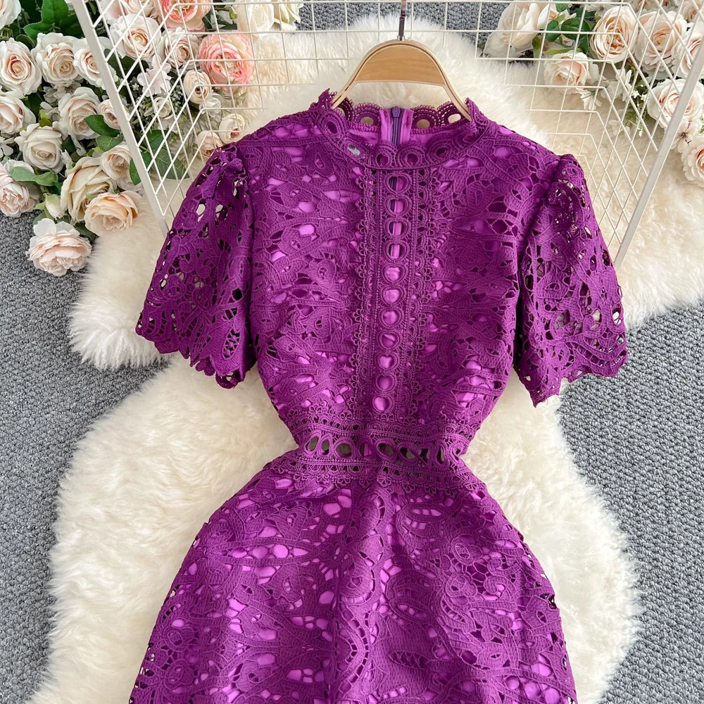 Women's French Style Hollow-Out Lace Dress — Waist-Cinched Short Sleeve A-Line
