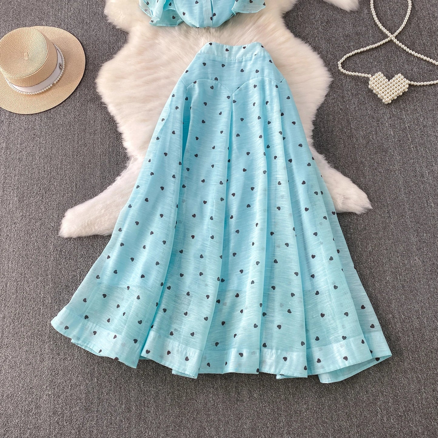 Women's French Style Sweet Chiffon Two-Piece Set — Heart Print Shirt & Flared Skirt