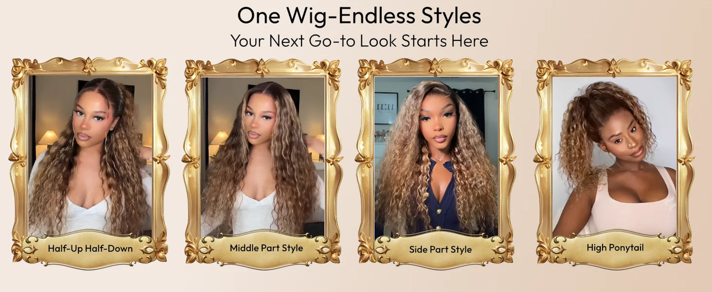UNice No-Slip 13x4 Lace Frontal Honey Blonde Highlights Water Wave Human Hair Wig With Drawstring Pull & Go Gluele