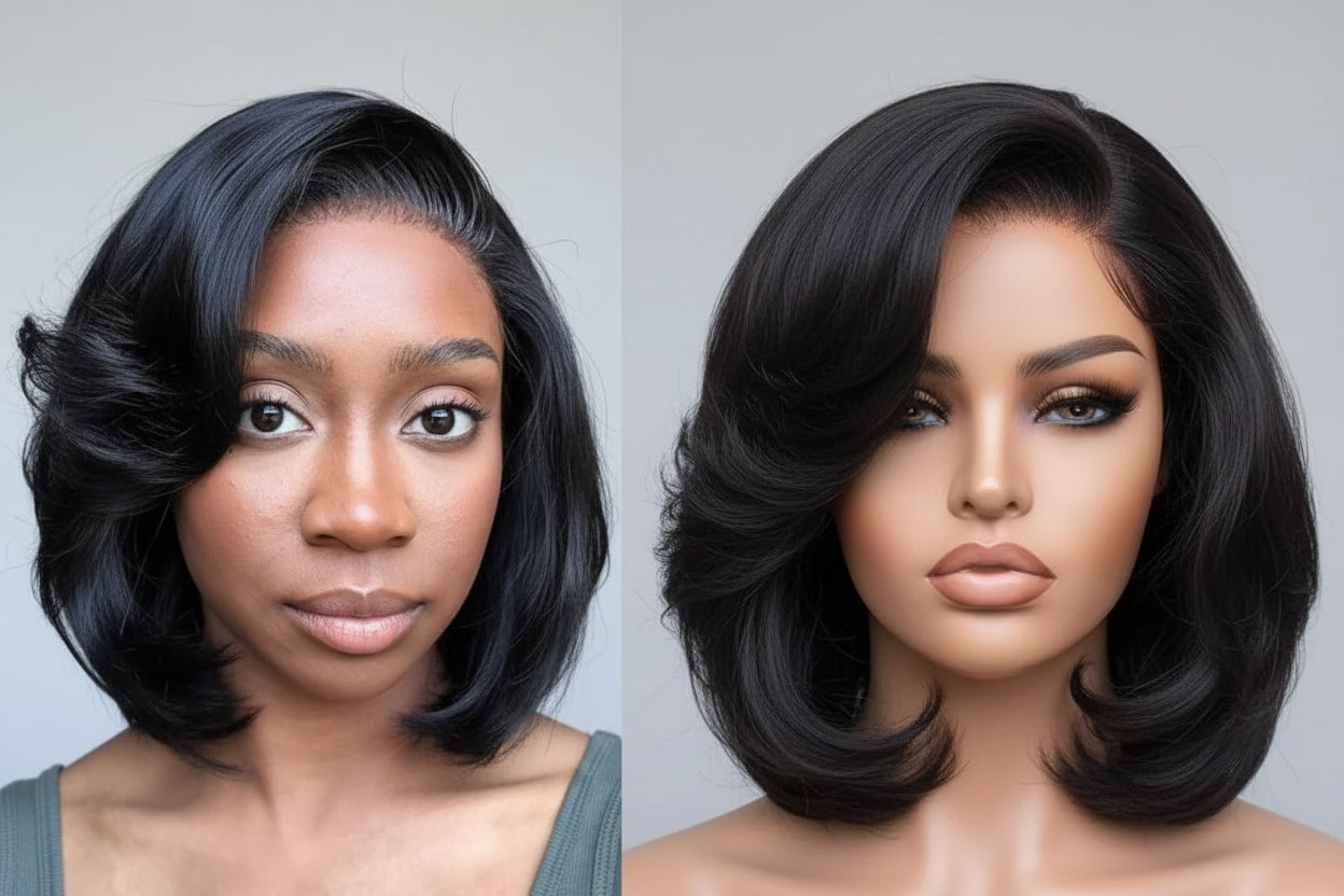 Our Bye-Bye Knots 7x5 Lace Side Part Layered Bob Wig With Side-Swept Bangs 150% Density Drawstring Glueless Human Hair Wigs