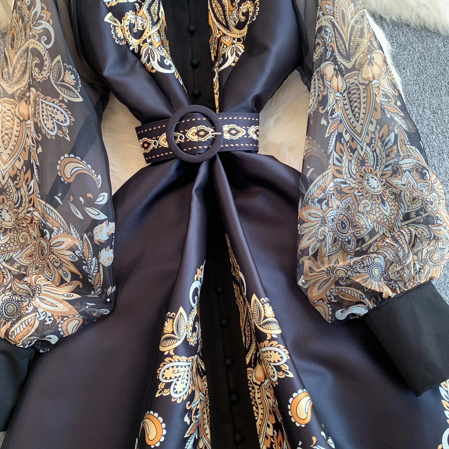 Elegant European Court Style Vintage Mesh Splice Print Lantern Sleeve Long Dress Women's Waist Cinching Slimming Maxi Gown
