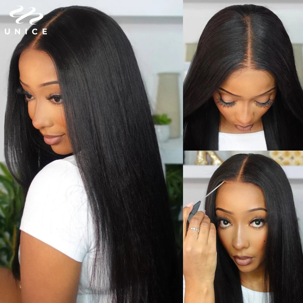 No-Slip 7x5 Lace Yaki Straight Wig With Drawstring 100% Human Hair Glueless Wigs Pre Cut Pre Bleached Wig for Beginners