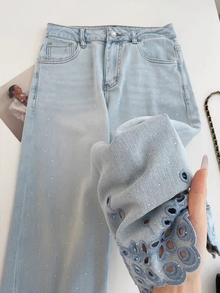 Women's High-Waist Rhinestone Embroidered Straight Jeans — Y2K Luxury Streetwear