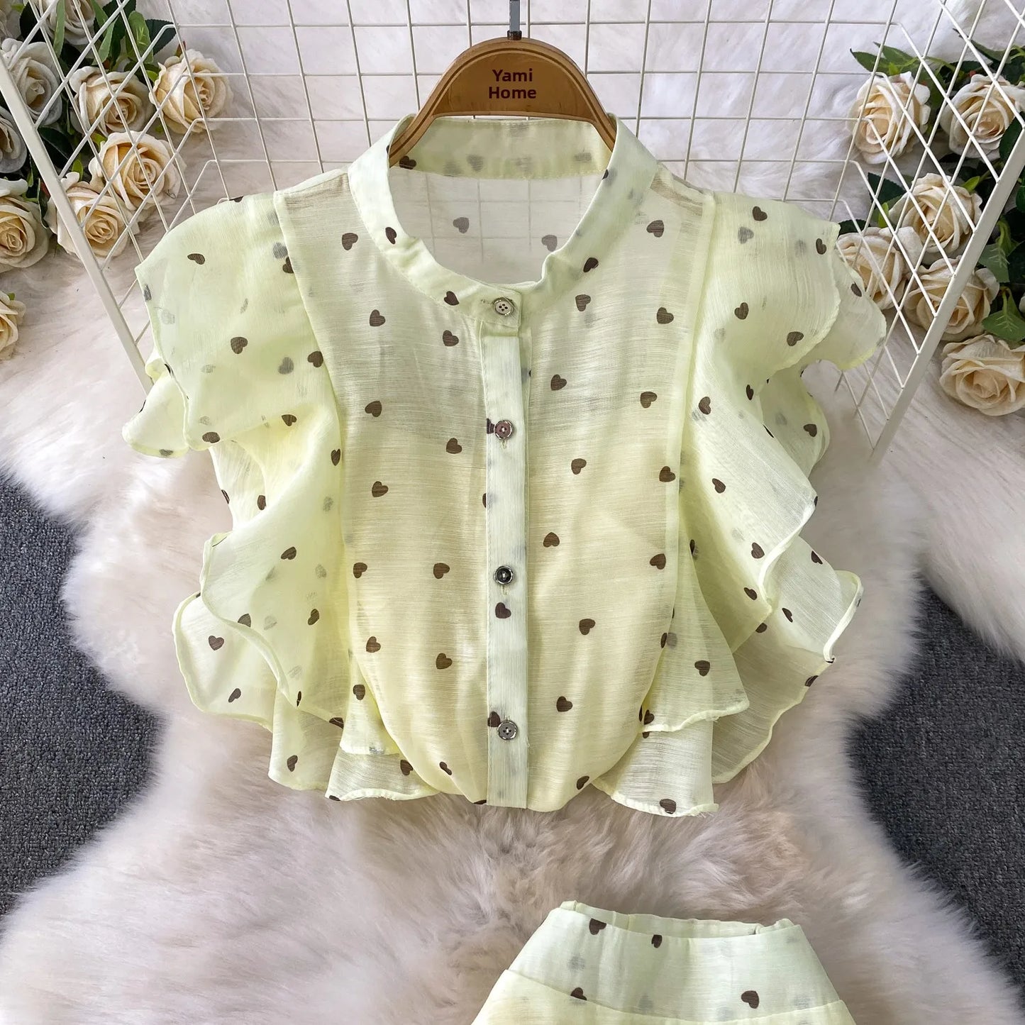 Women's French Style Sweet Chiffon Two-Piece Set — Heart Print Shirt & Flared Skirt