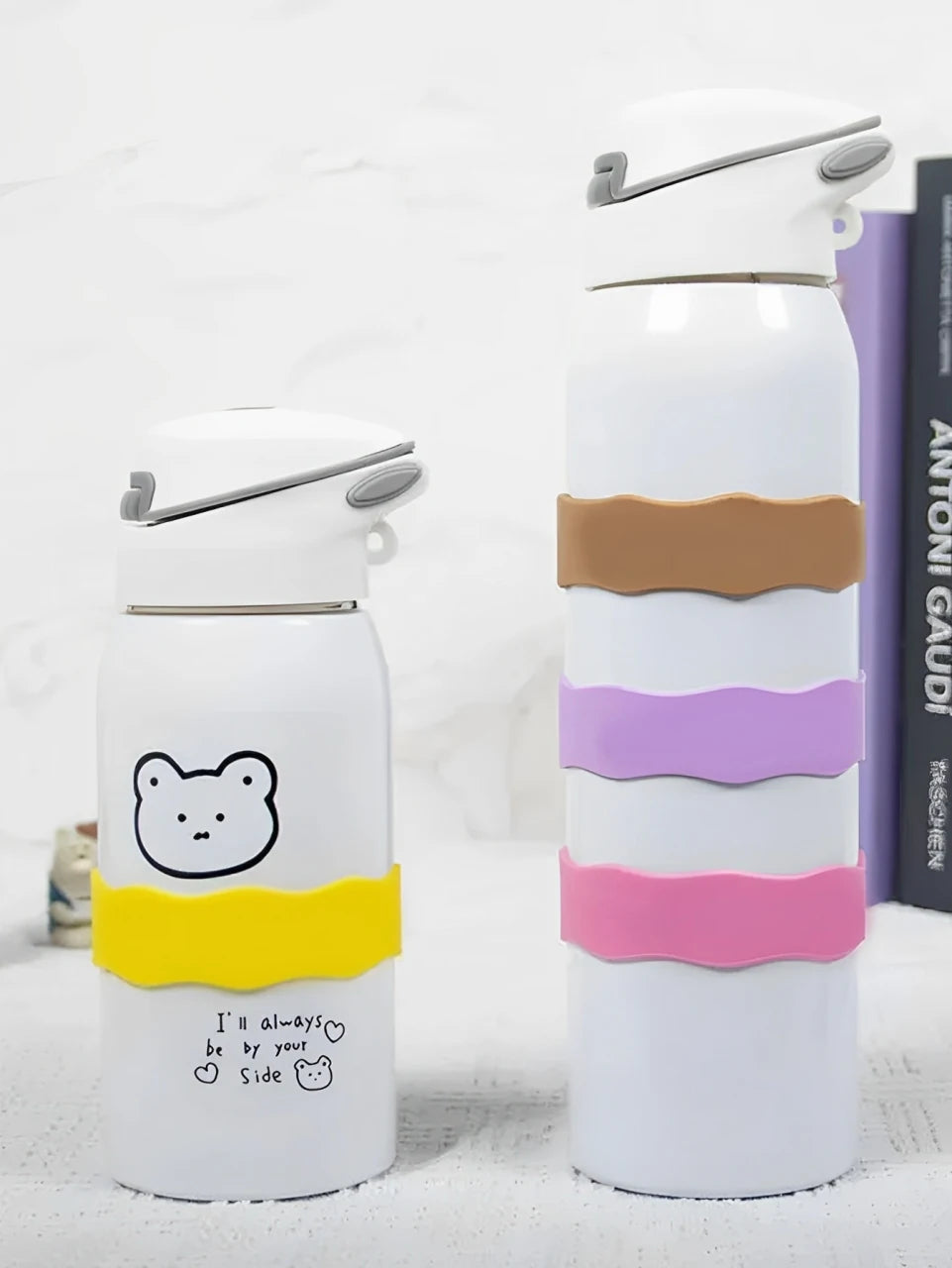 Custom Name Silicone Cup Sleeve with Cute Cat Design, Personalized Kids Water Bottle Band for School & Daycare