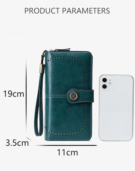 RFID anti-theft brush Retro large capacity long wallet Multi-card women's wallet Multi-function zipper wallet with wrist strap