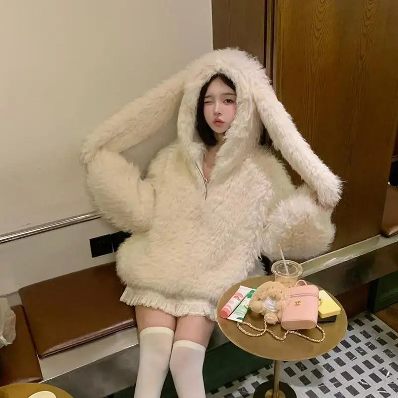 Cute Rabbit Ear Plush Jacket — Women's Sweet Loose Hoodie Outerwear
