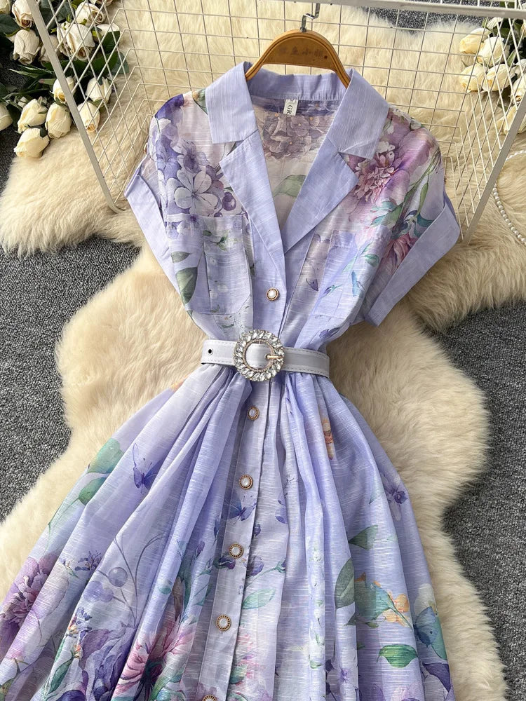 Women's French Countryside Chiffon Printed Dress — Raglan Sleeve A-Line