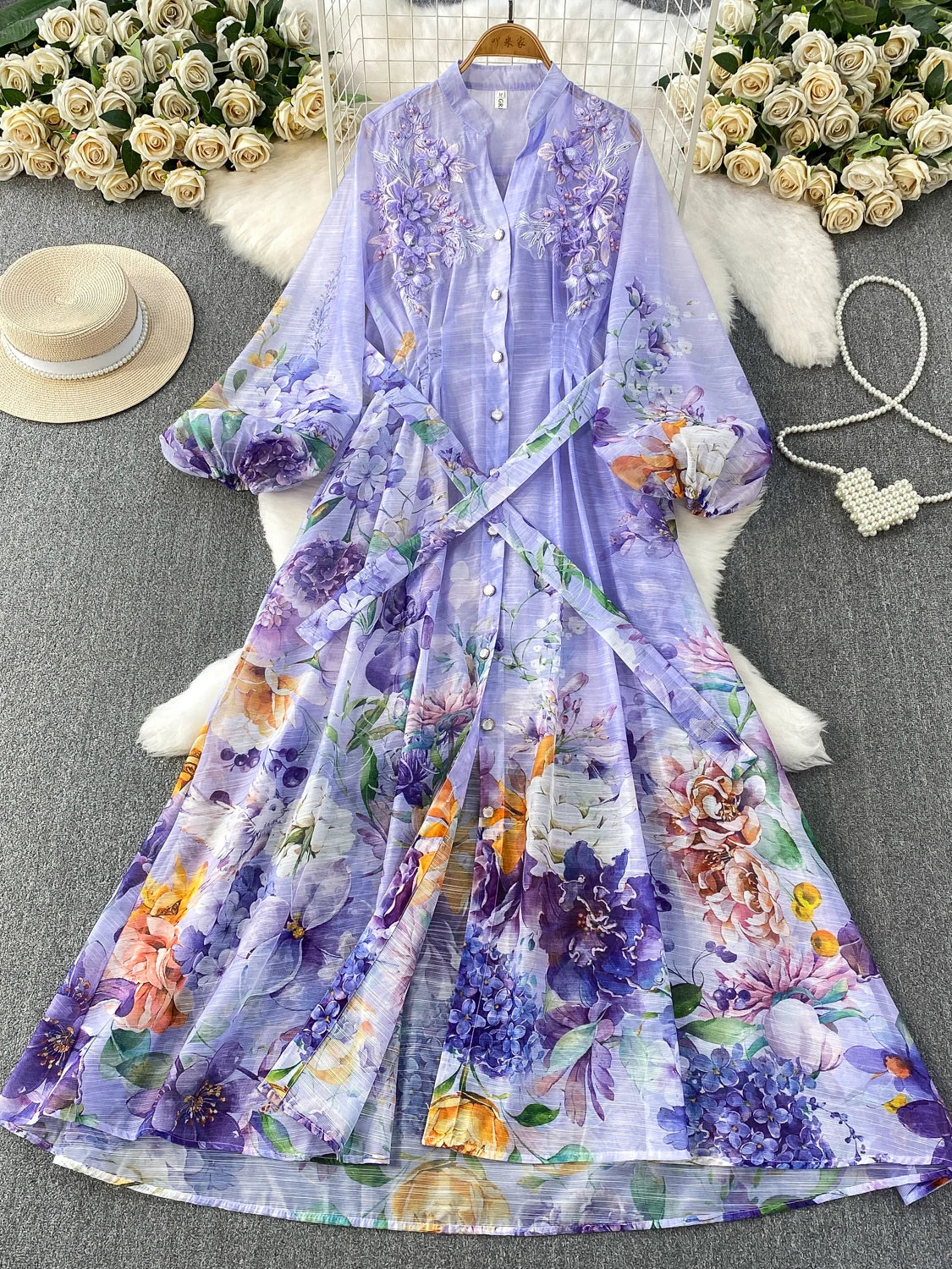 Elegant French Style round Neck Long Sleeve Dress Women's Spring Autumn Heavy Work Floral Embroidery A-Line Skirt Dress