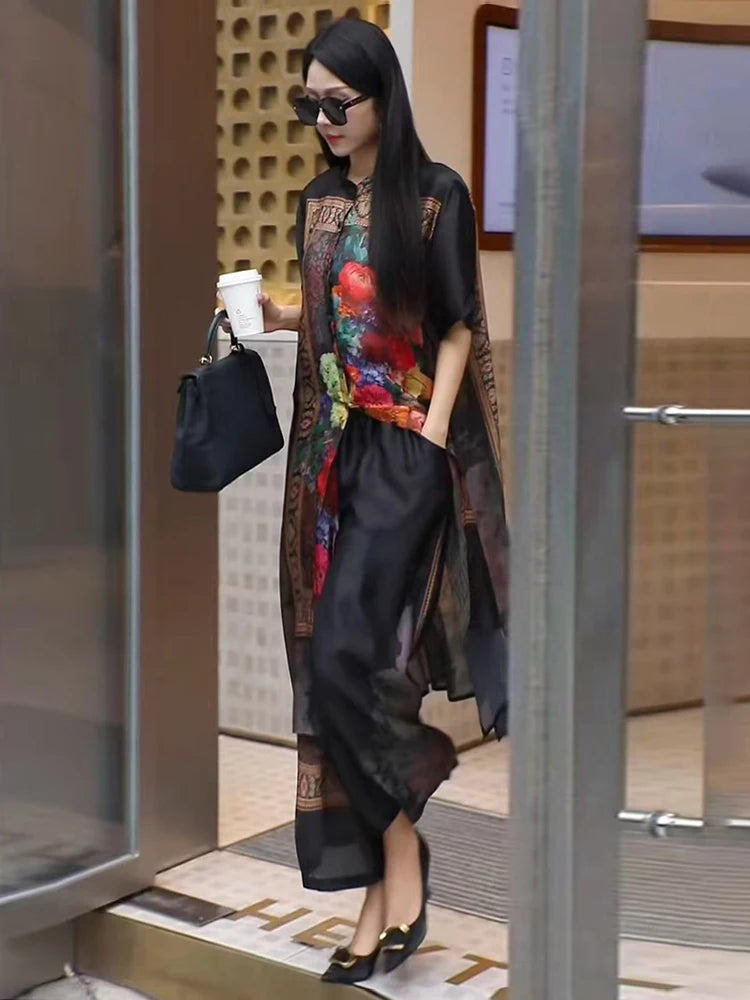 Retro Large Size Floral Print Open Cardigan & Wide Leg Pants Two-Piece Set for Women