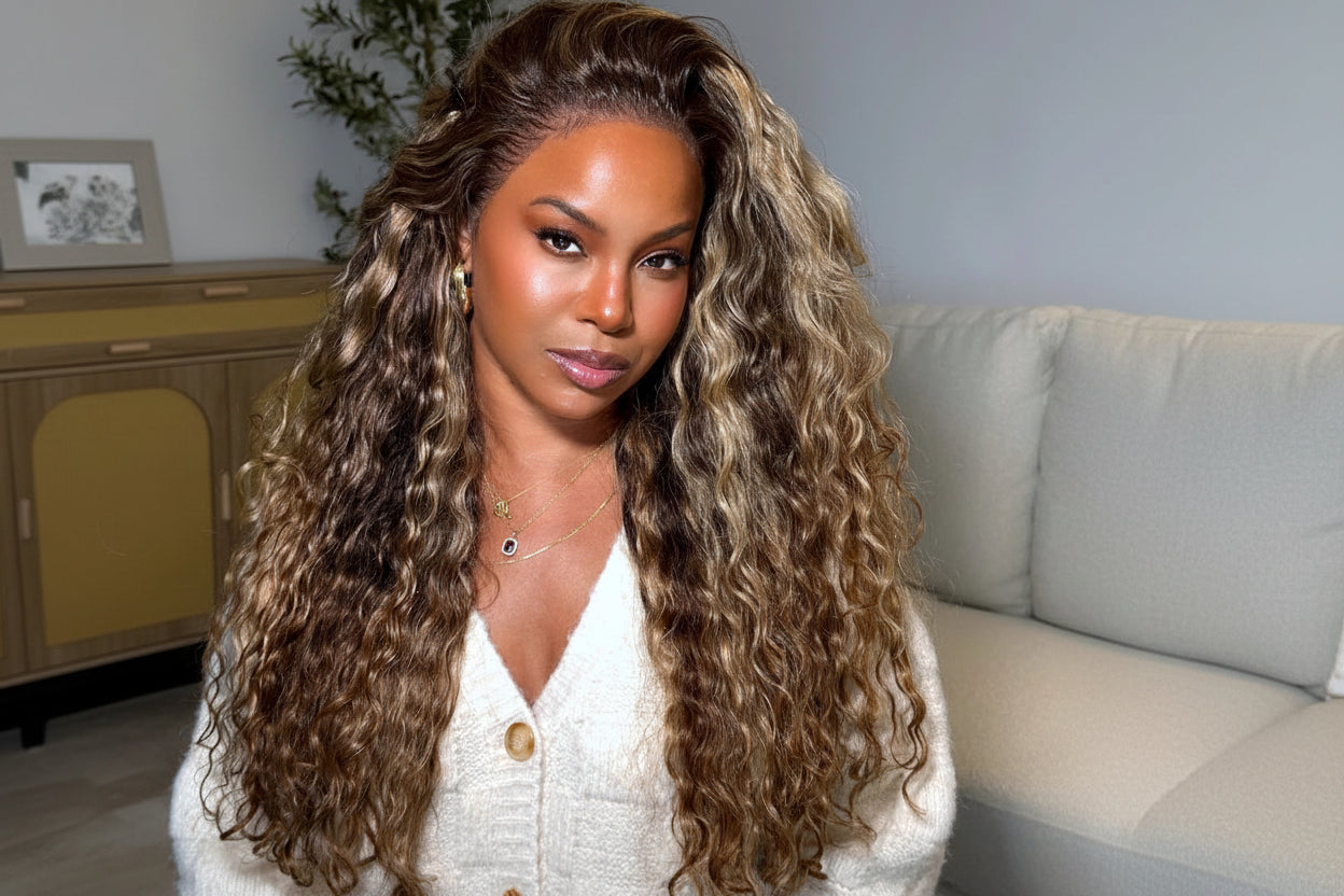 UNice No-Slip 13x4 Lace Frontal Honey Blonde Highlights Water Wave Human Hair Wig With Drawstring Pull & Go Gluele