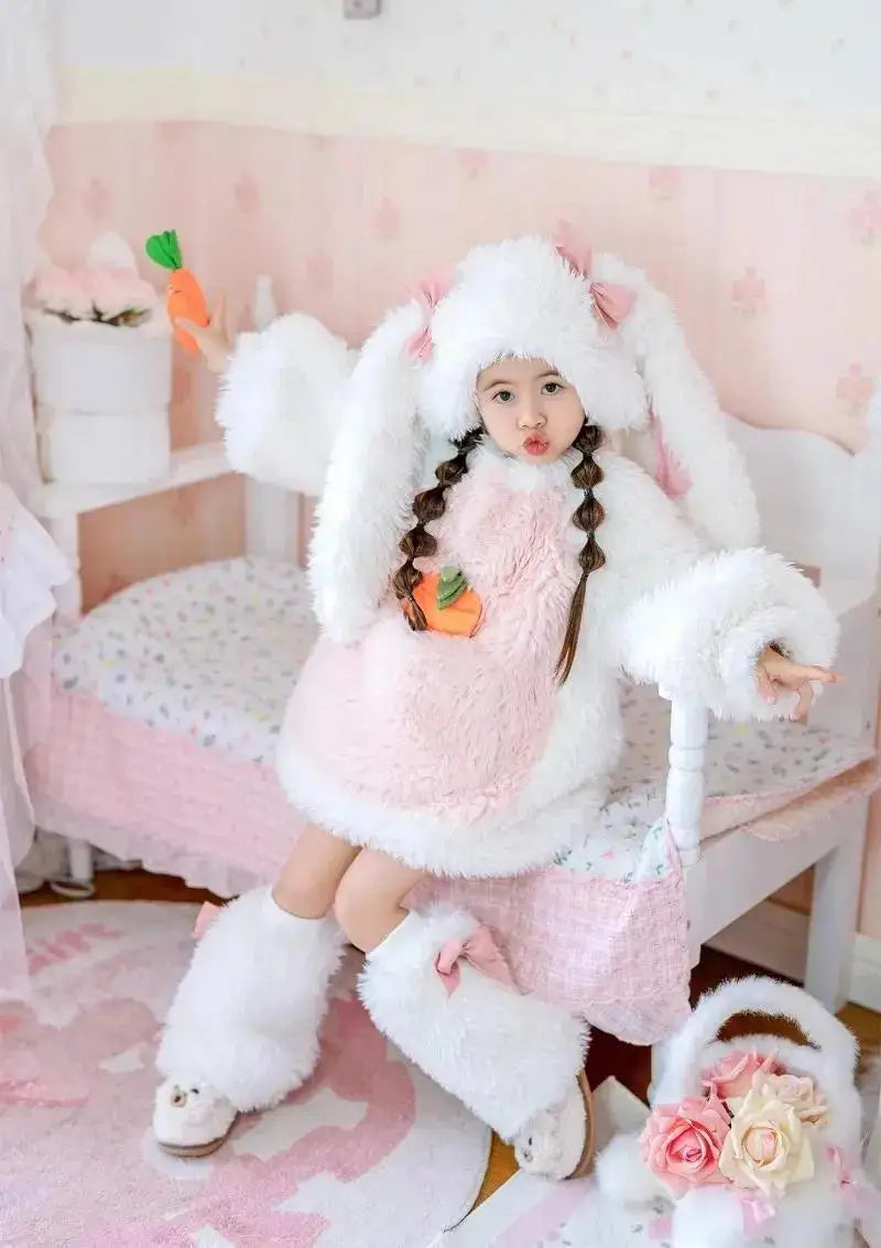 Cartoon Children Plush Rabbit Cosplay Costume Kawaii Kids Winter Warm Sets Top Pants Hat Suit Girl Halloween Party Outfits Gift
