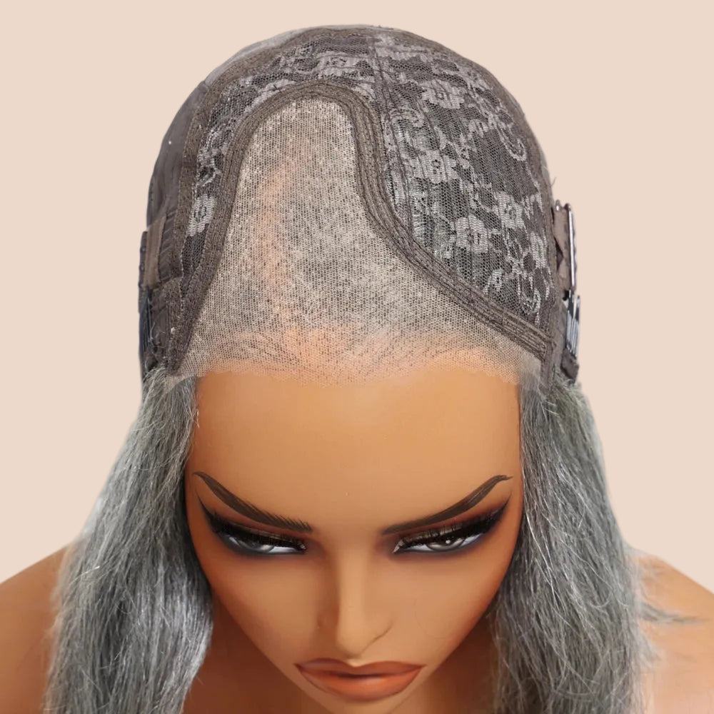 Hair Layered Blowout Salt & Pepper Glueless Human Hair Wig Pre Cut 6.5x1.5 Lace Short Bob Side Part Grey Wig 150% Density