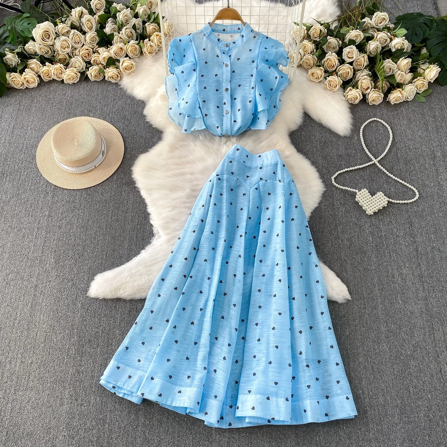 Women's French Style Sweet Chiffon Two-Piece Set — Heart Print Shirt & Flared Skirt