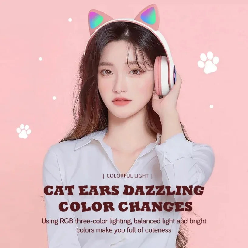 Cat Ears Bluetooth Headphones for Kids – Wireless LED Flash, Mic & TF Card Support