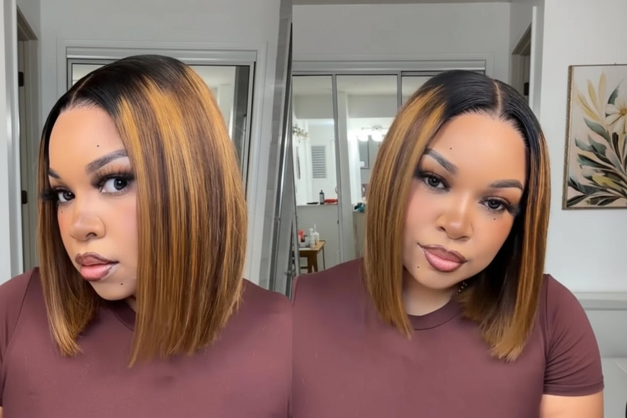 Brown With Blonde Piano Highlights Blunt Bob Wig With Dark Roots | No-Slip 7x5 Pre-Cut Glueless Human Hair