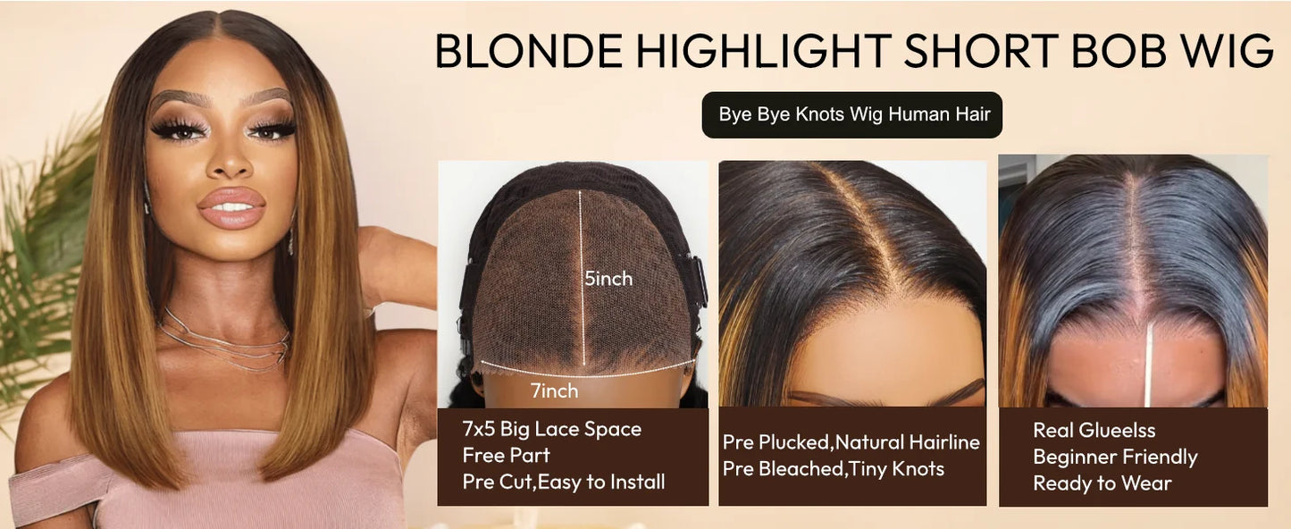 Brown With Blonde Piano Highlights Blunt Bob Wig With Dark Roots | No-Slip 7x5 Pre-Cut Glueless Human Hair