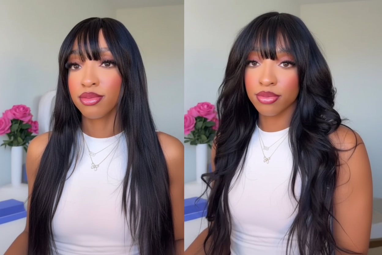 Layered Cut Yaki Straight Wig With Bangs 100% Human Hair Full Machine Made Wig 150% Density