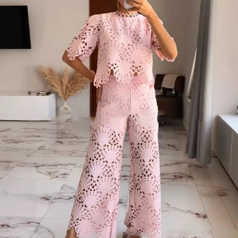 Women's Elegant Lace Embroidery Hollow-Out Two-Piece Set — Short Sleeve Top & Wide-Leg Pants