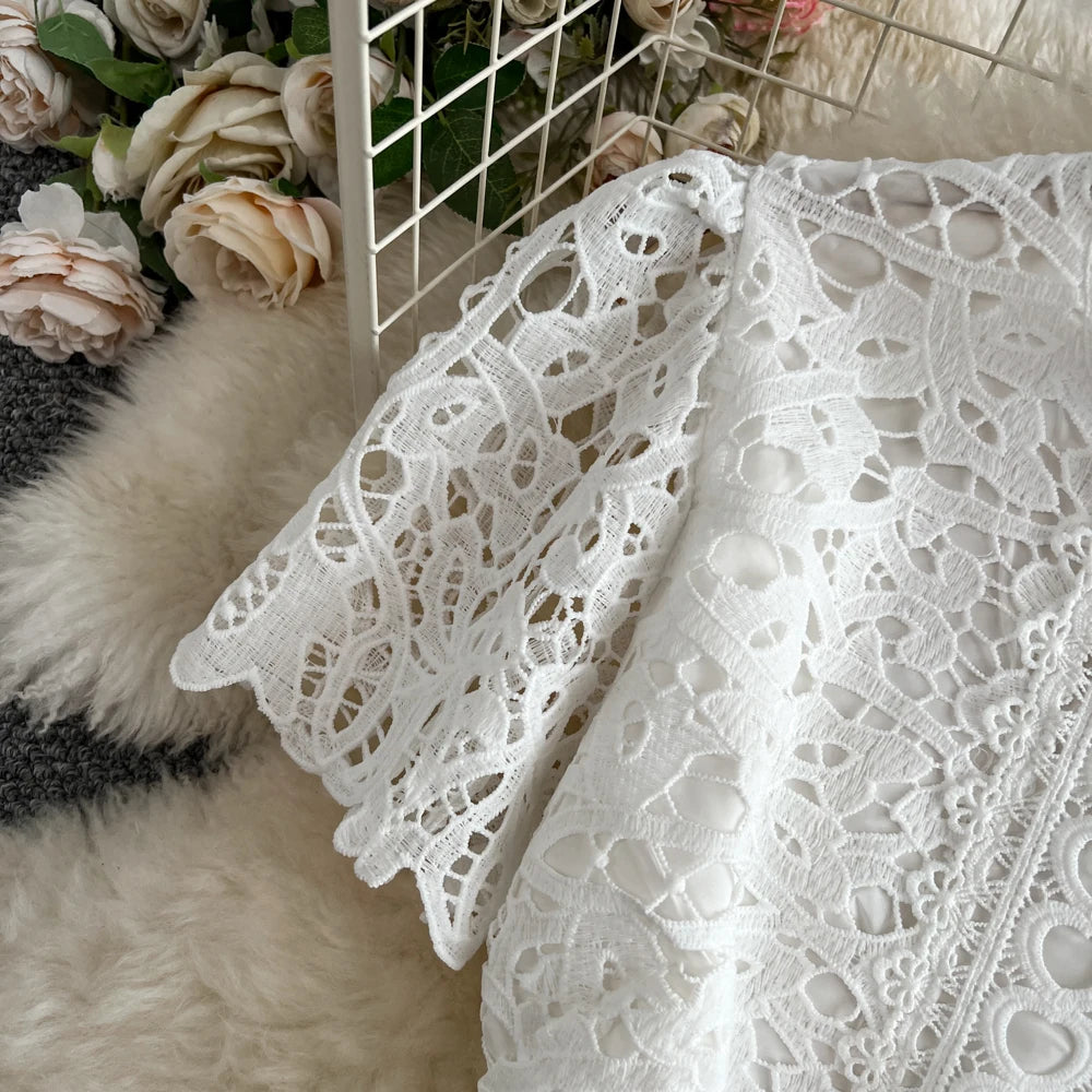 Women's French Style Hollow-Out Lace Dress — Waist-Cinched Short Sleeve A-Line