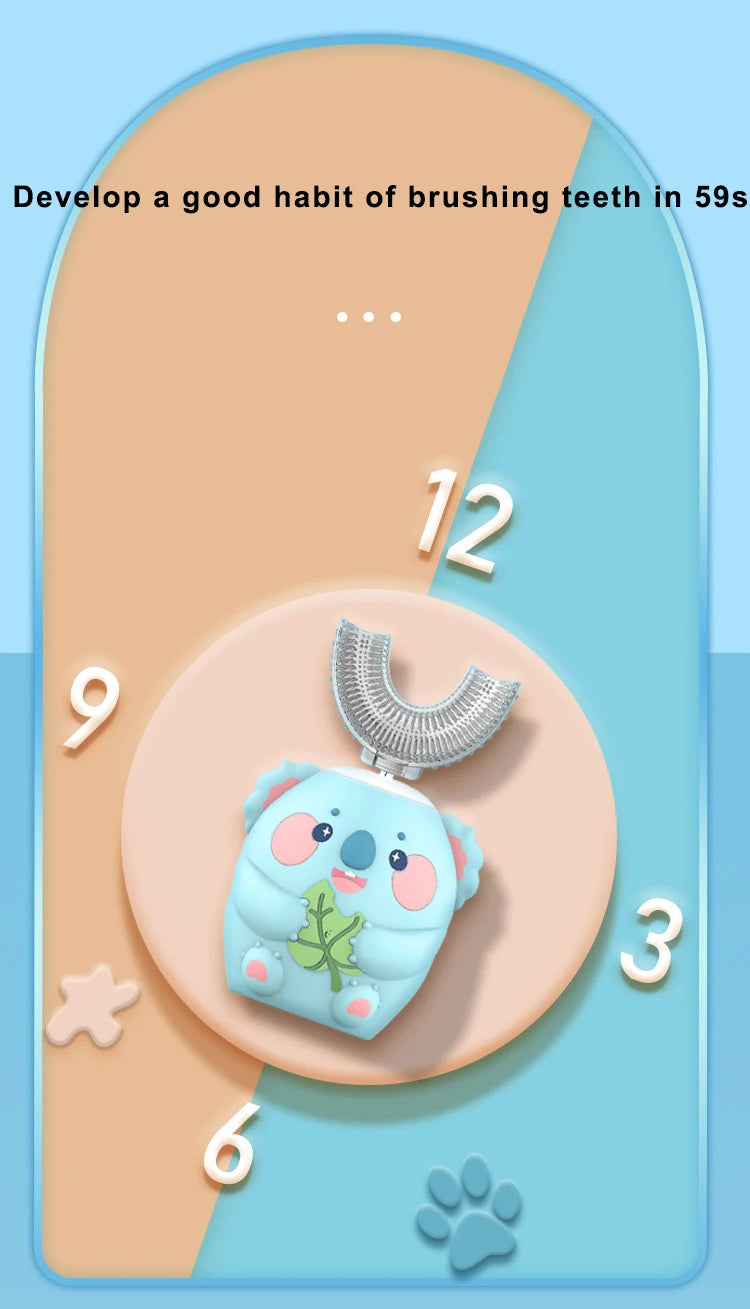 Kids U-Shaped Sonic Electric Toothbrush — 360° Automatic Silicone, USB Rechargeable, Blue Light